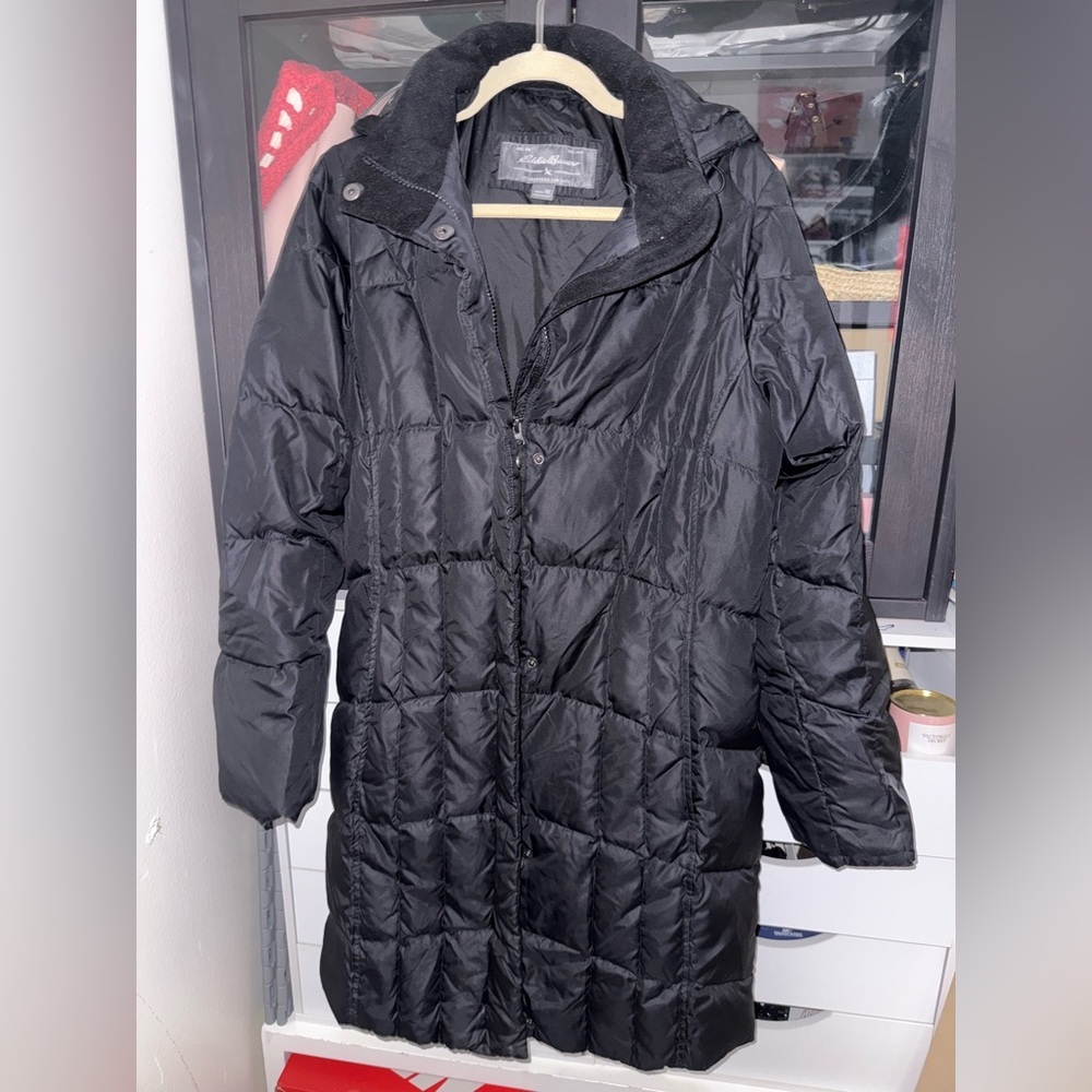 Eddie Bauer Jacket Womens Large Black Down Parka Hooded Puffer